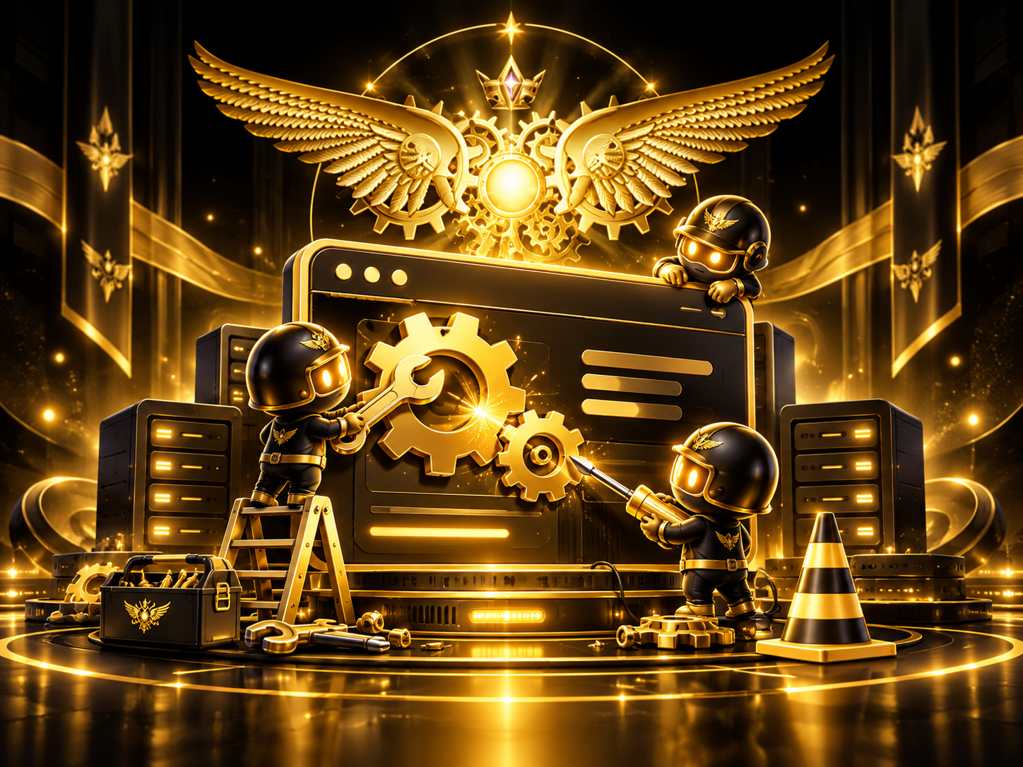 Ilustrasi teknisi memperbaiki panel website dan server berwarna emas
